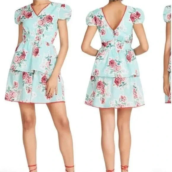 Betsey Johnson Teal Blue Floral Babydoll Tiered seersucker Tea Dress - Picture 2 of 10